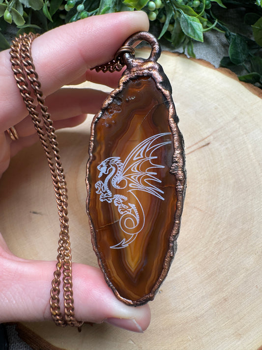 Dragon Engraved Agate Slice Necklace