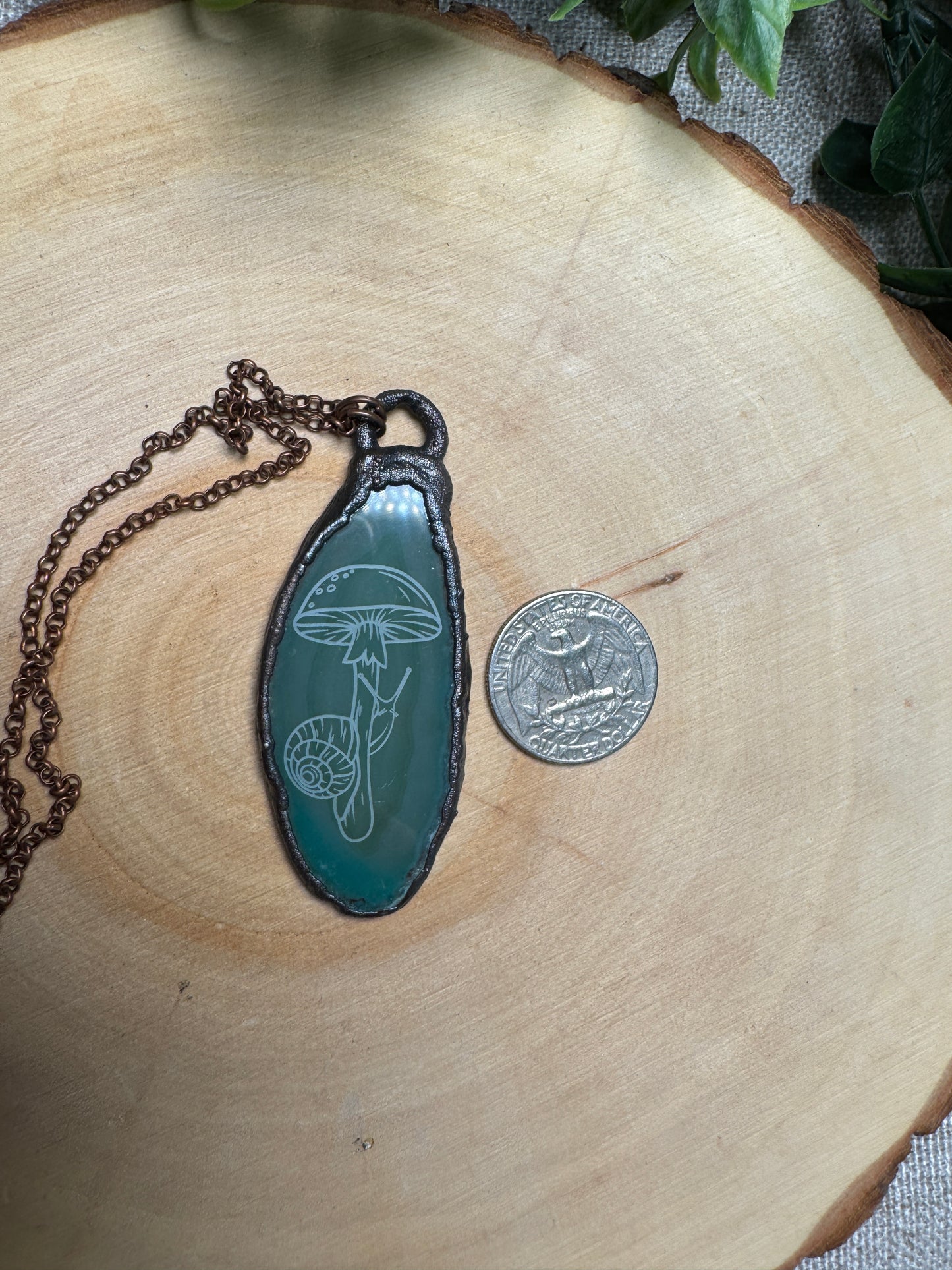 Snail and Mushroom Engraved Agate Slice Necklace