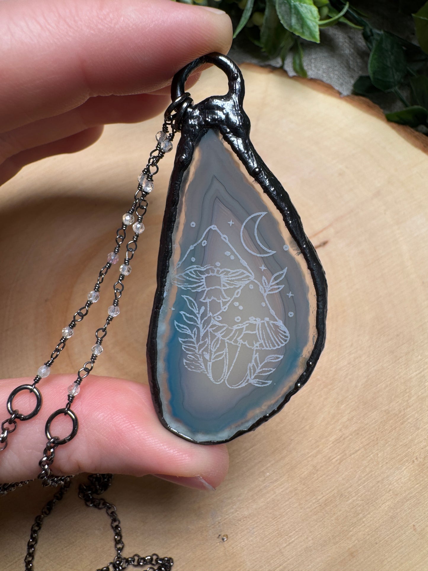 Mushroom Engraved Agate Slice Necklace
