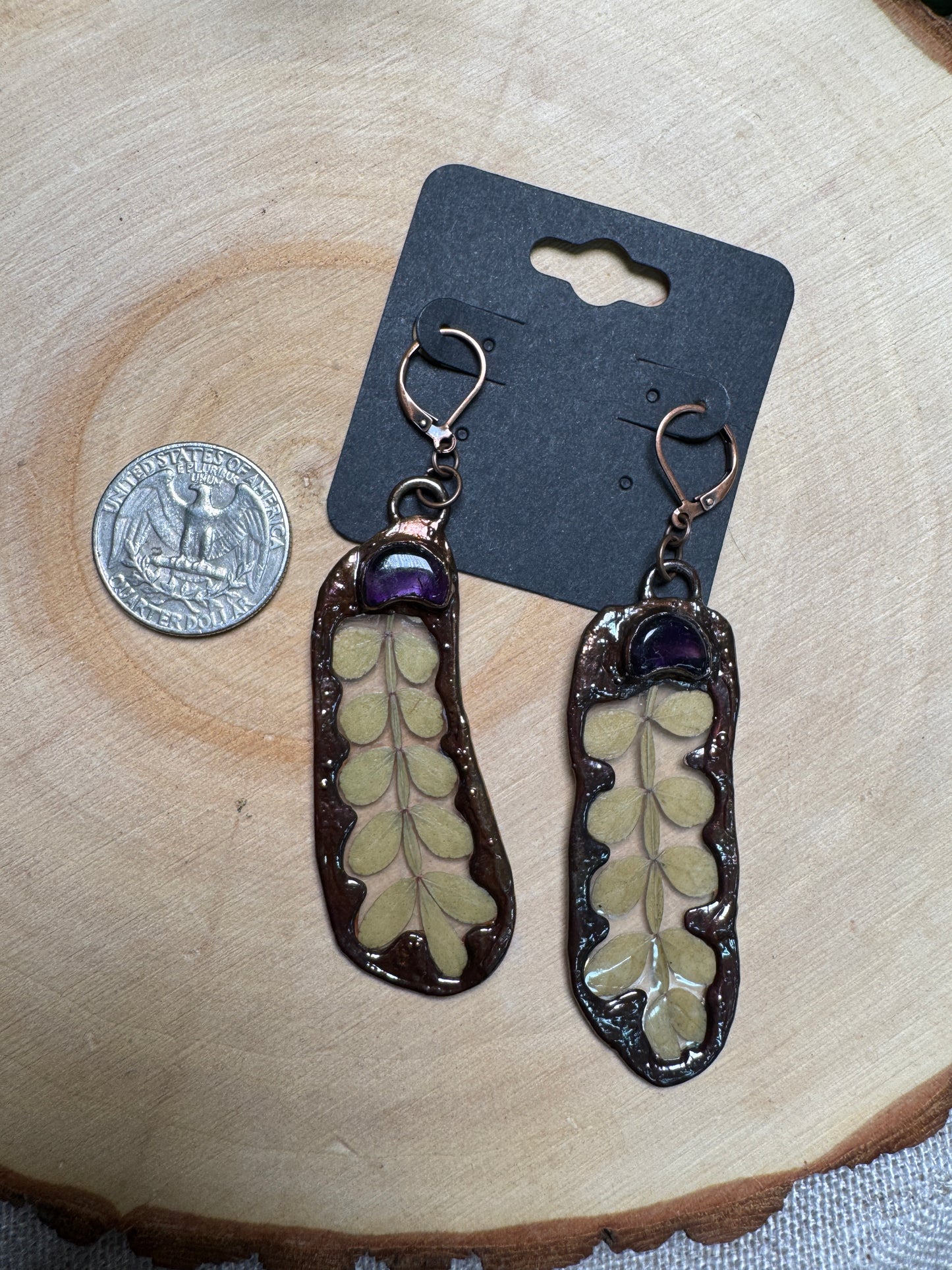 Leaf and Amethyst Moon Earrings