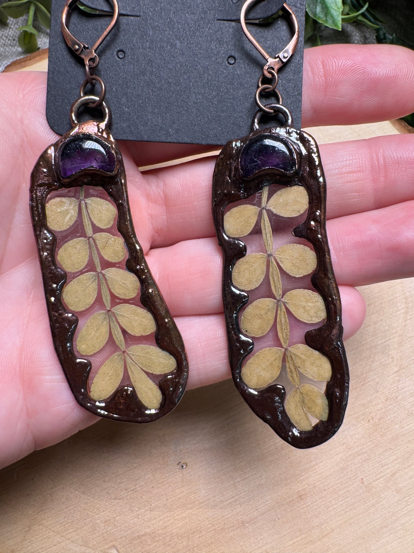 Leaf and Amethyst Moon Earrings