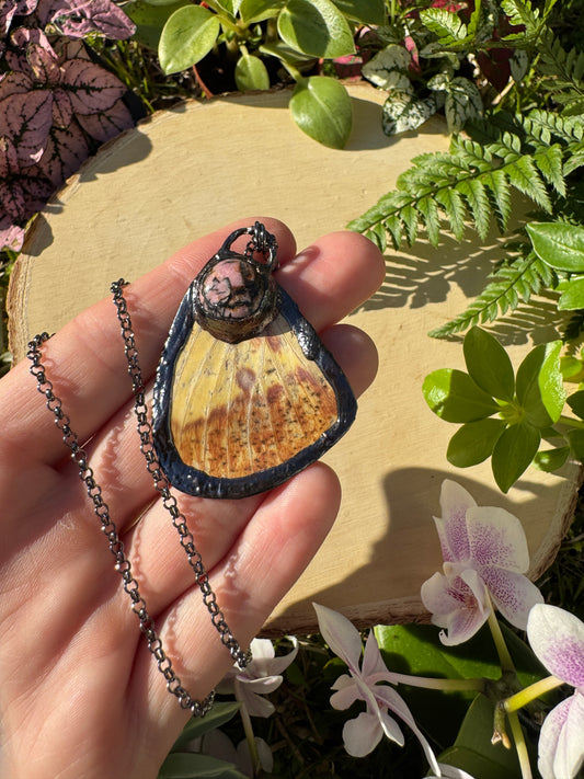 Rhodonite and Imperial Moth Wing Necklace