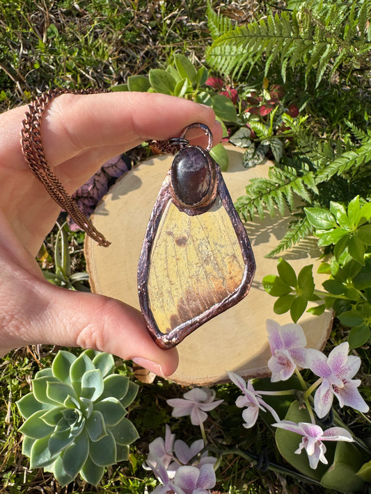 Fluorite and Imperial Moth Wing Necklace