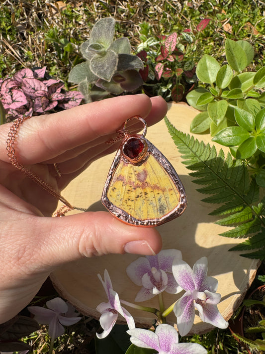 Orange Garnet and Imperial Moth Wing Necklace