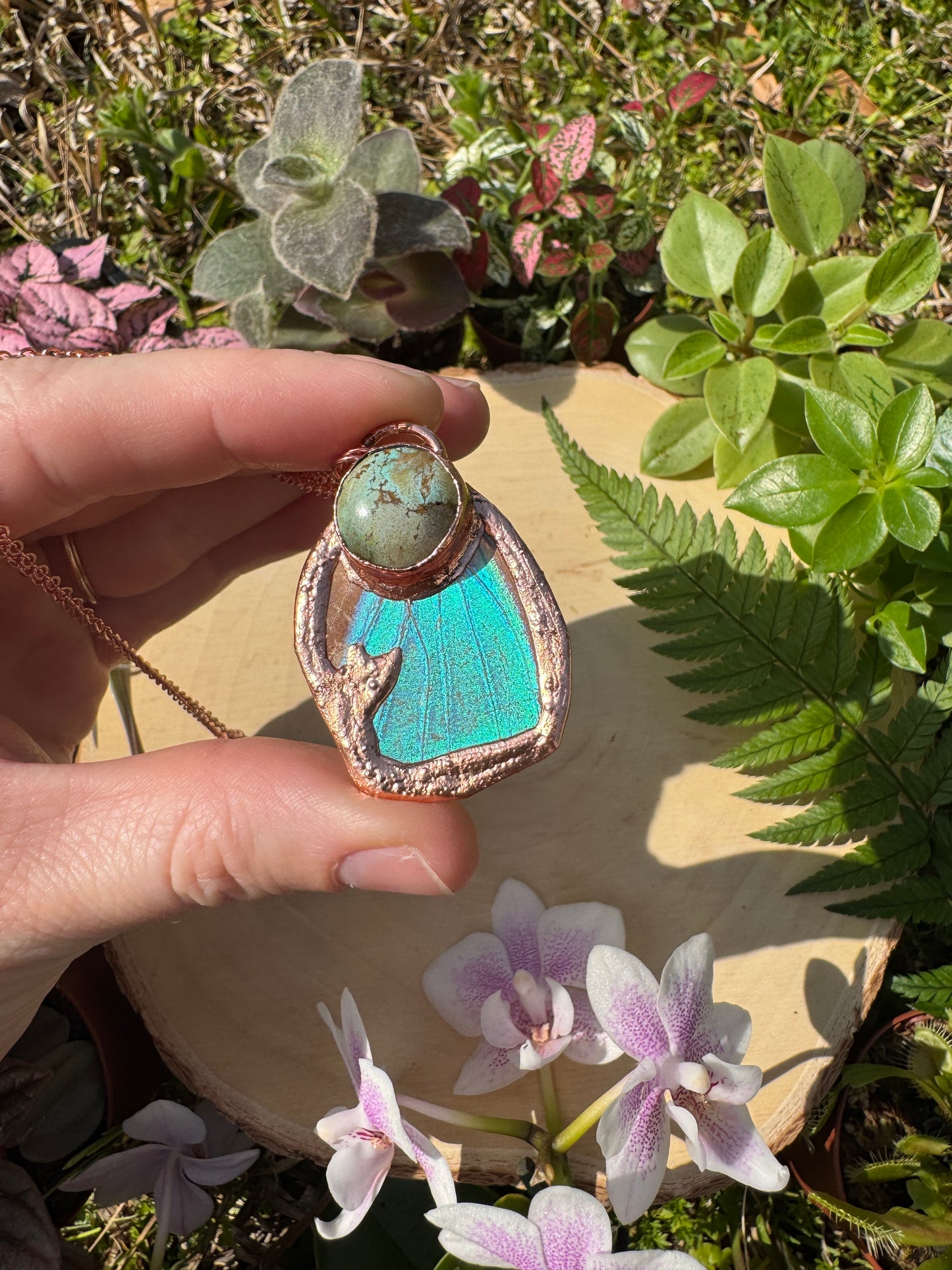 Natural Turquoise and Blue Morpho Butterfly Wing Necklace