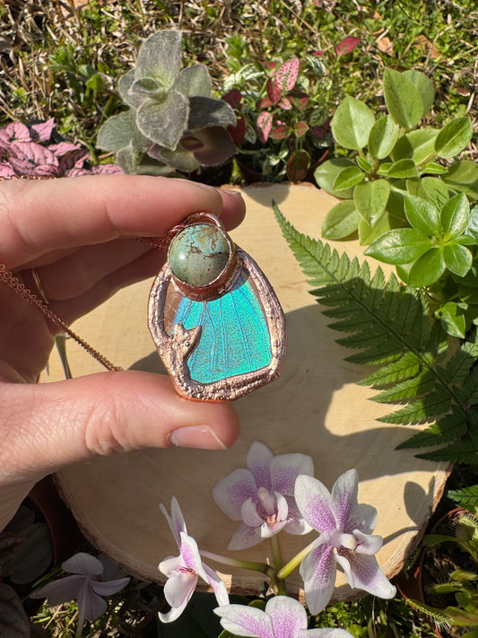 Natural Turquoise and Blue Morpho Butterfly Wing Necklace