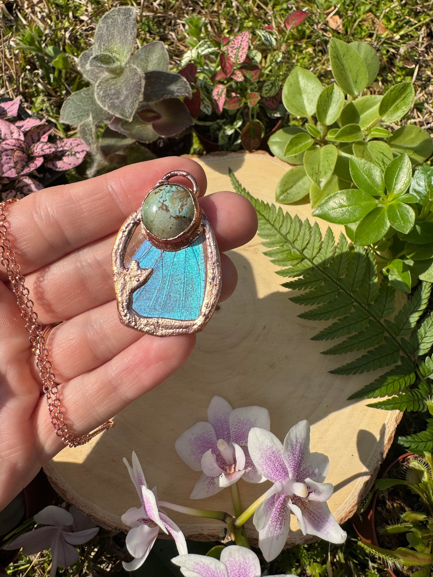 Natural Turquoise and Blue Morpho Butterfly Wing Necklace