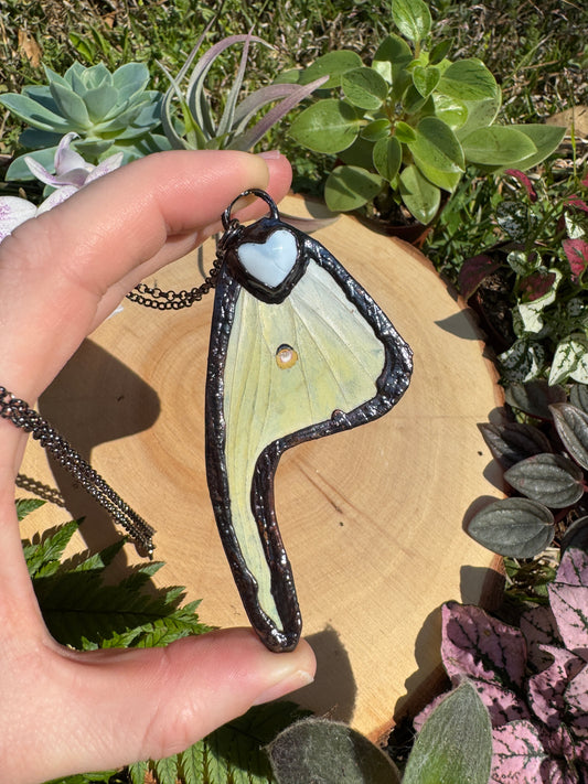 Blue Chalcedony Heart and Luna Moth Wing Necklace