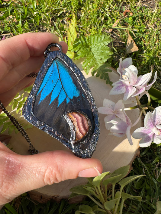 Rhodochrosite Moon and Butterfly Wing Necklace