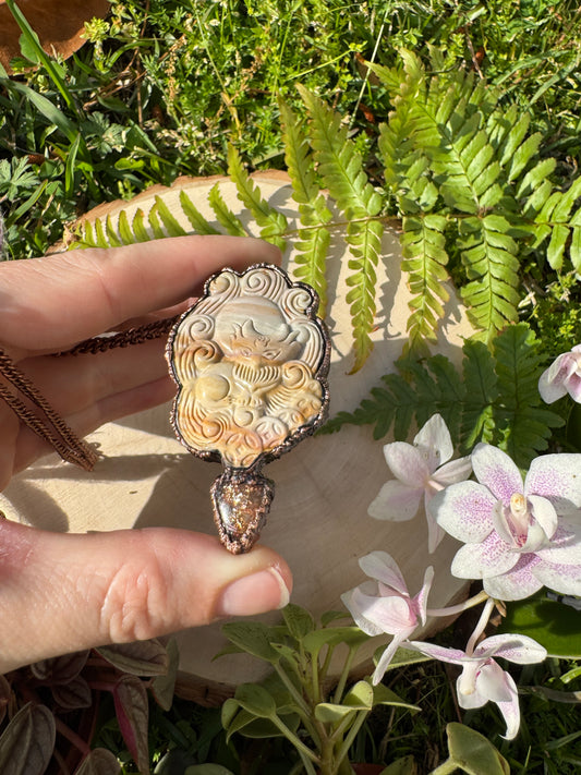 Sunstone and Polychrome Jasper Nine-Tailed Fox Necklace