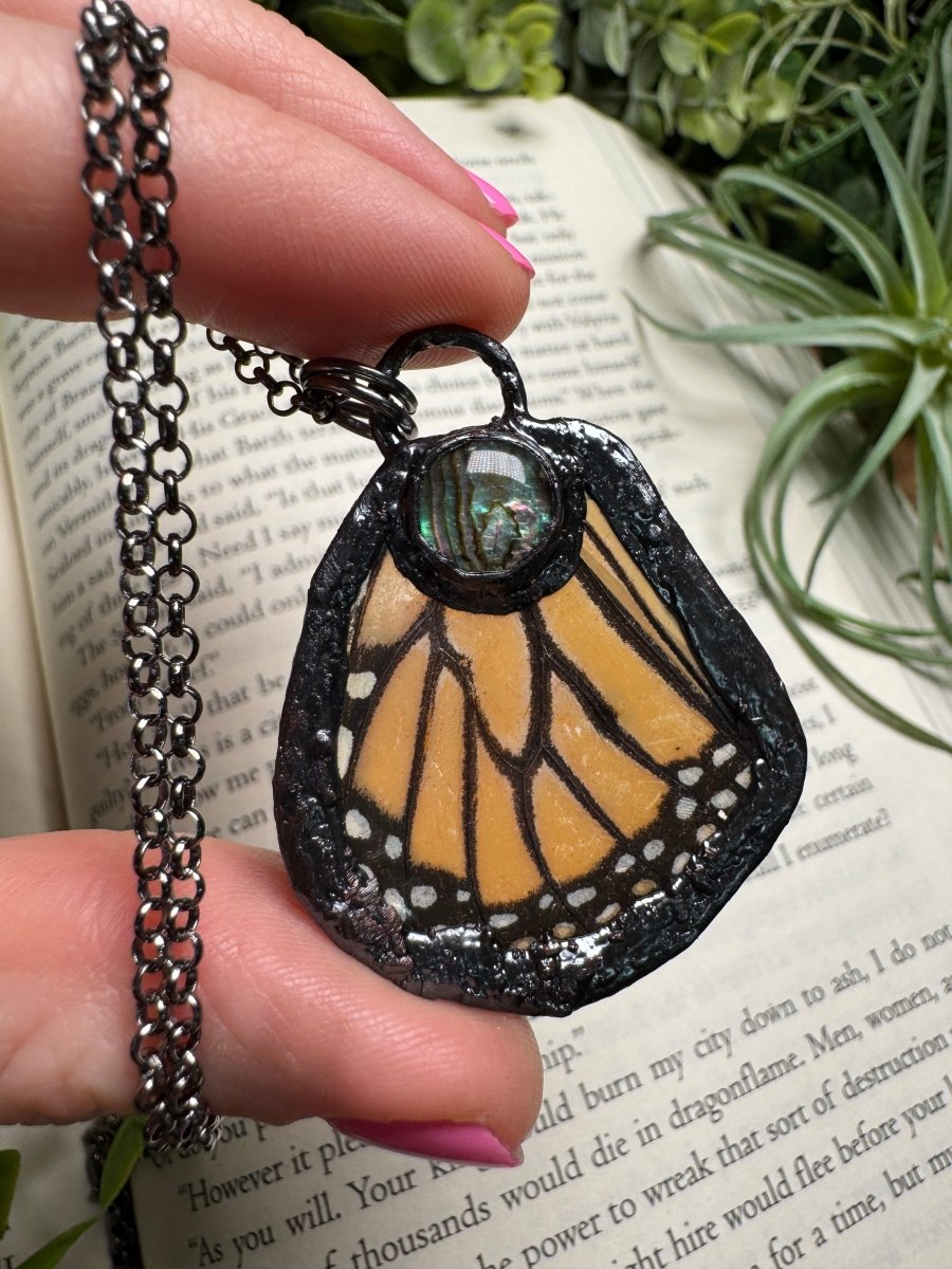 Abalone Shell and Butterfly Wing Necklace | Copper Ashes