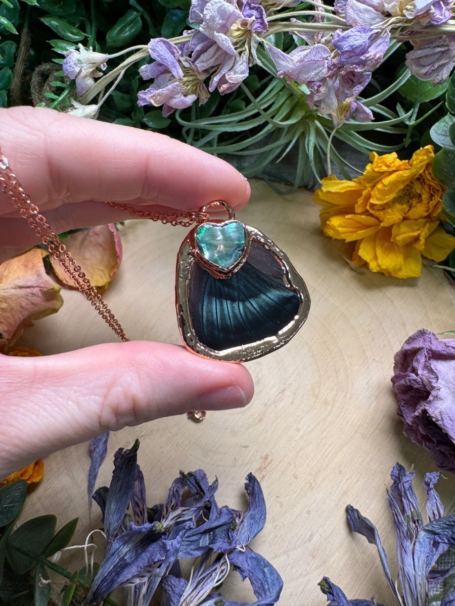 Abalone Shell and Butterfly Wing Necklace (reversible) | Copper Ashes