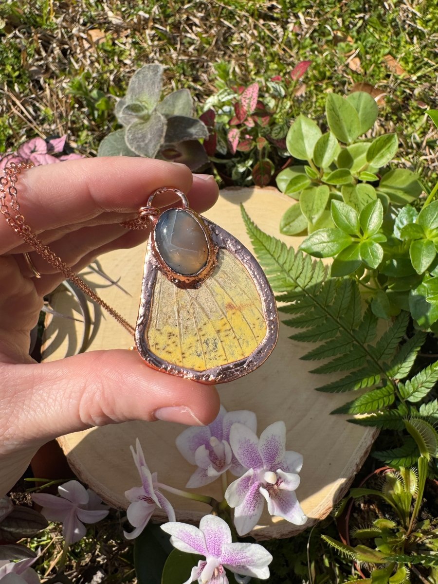 Agate and Imperial Moth Wing Necklace | Copper Ashes