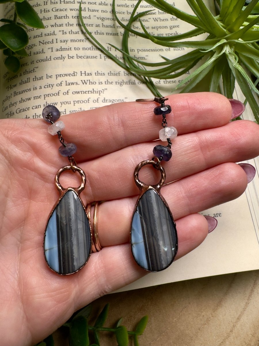 Agate, Moonstone, and Iolite Dangle Earrings | Copper Ashes