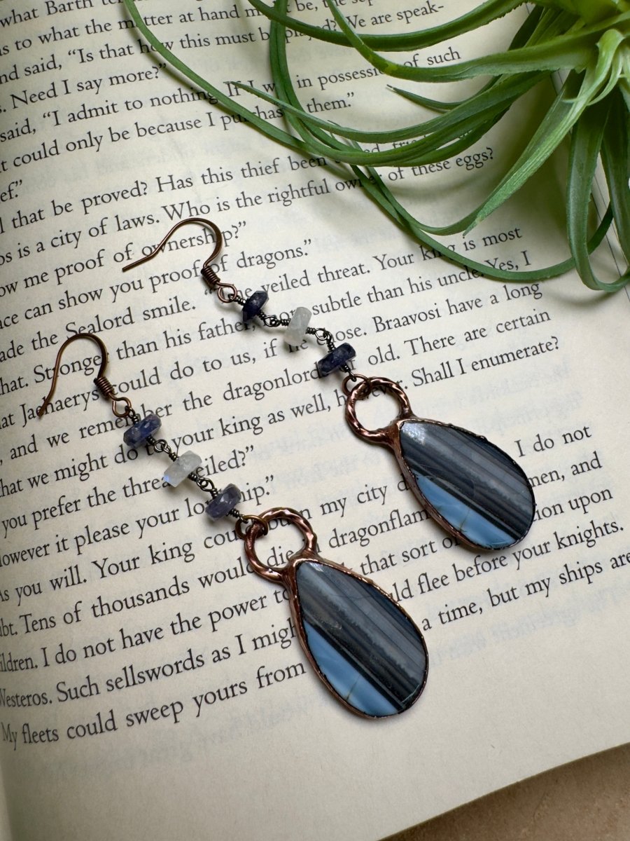 Agate, Moonstone, and Iolite Dangle Earrings | Copper Ashes