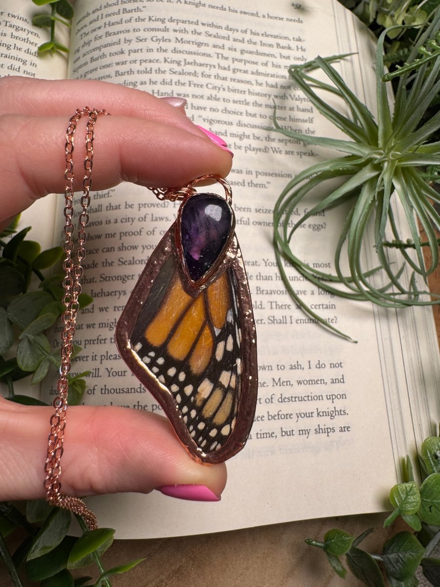 Amethyst and Butterfly Wing Necklace | Copper Ashes