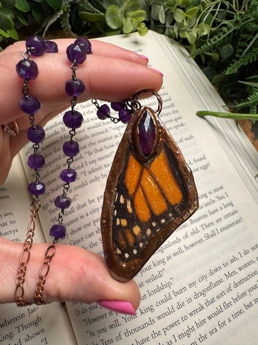 Amethyst and Butterfly Wing Necklace with Amethyst Beaded Chain | Copper Ashes