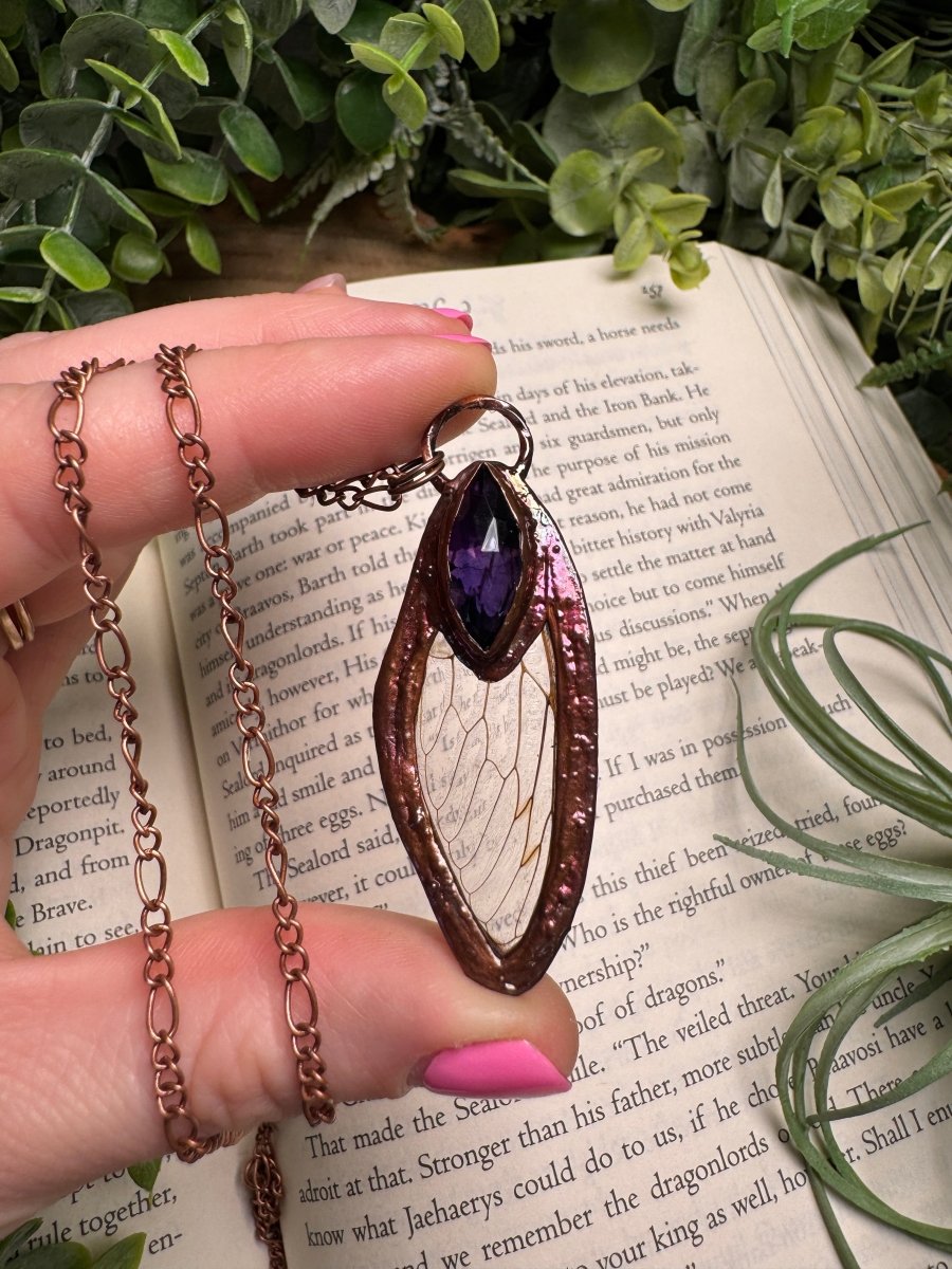 Amethyst and Cicada Wing Necklace | Copper Ashes