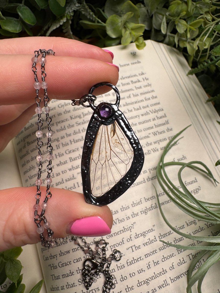 Amethyst and Cicada Wing Necklace with Strawberry Quartz Beaded Chain | Copper Ashes