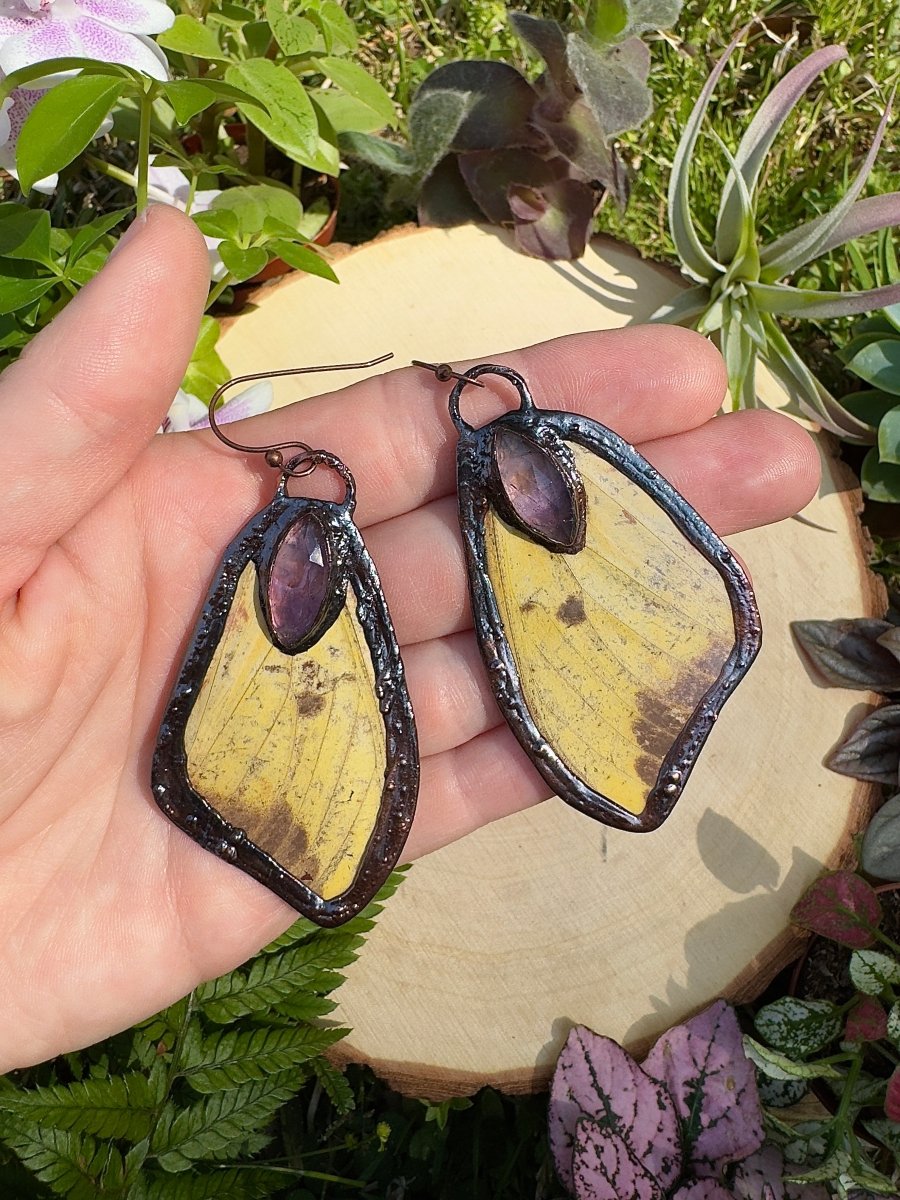 Amethyst and Imperial Moth Wing Earrings | Copper Ashes
