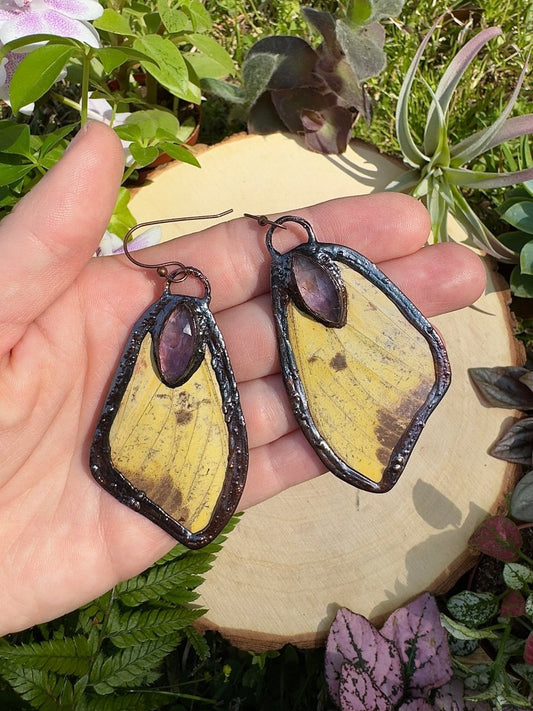 Amethyst and Imperial Moth Wing Earrings | Copper Ashes