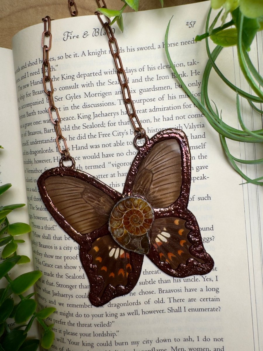 Ammonite Fossil and Butterfly Wing Statement Necklace | Copper Ashes