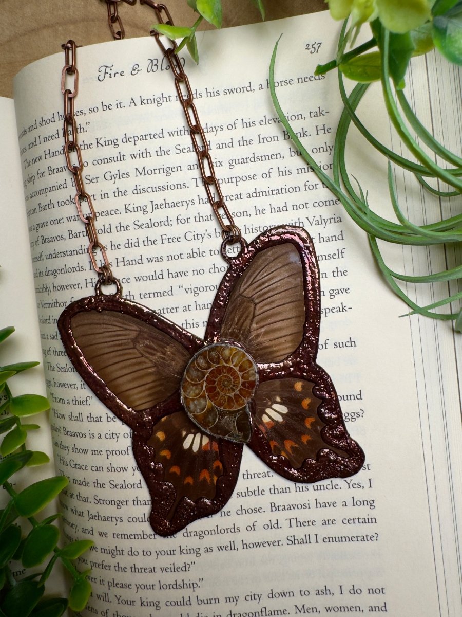 Ammonite Fossil and Butterfly Wing Statement Necklace | Copper Ashes