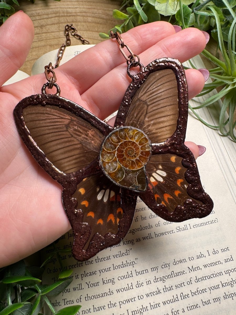 Ammonite Fossil and Butterfly Wing Statement Necklace | Copper Ashes