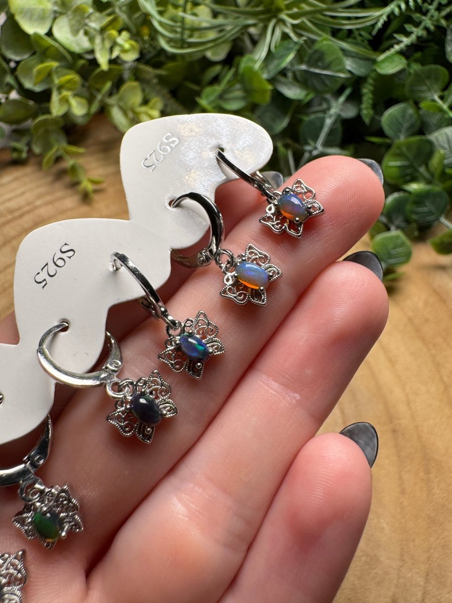 Black Opal Butterfly Huggie Earrings | Copper Ashes