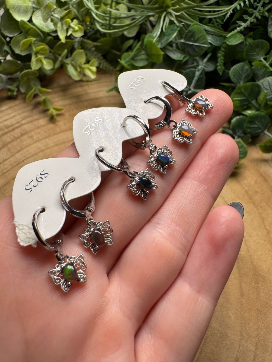 Black Opal Butterfly Huggie Earrings | Copper Ashes