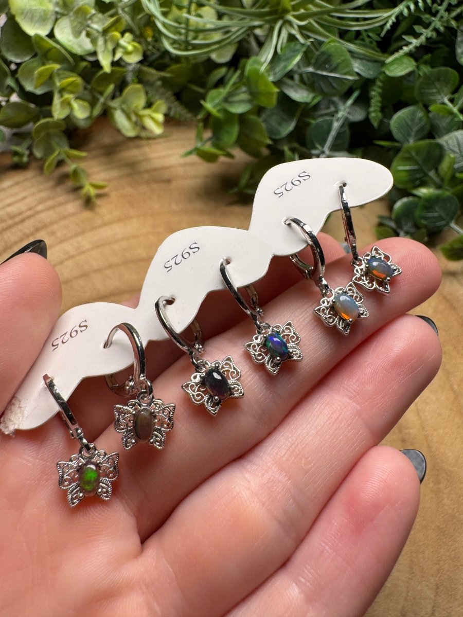 Black Opal Butterfly Huggie Earrings | Copper Ashes
