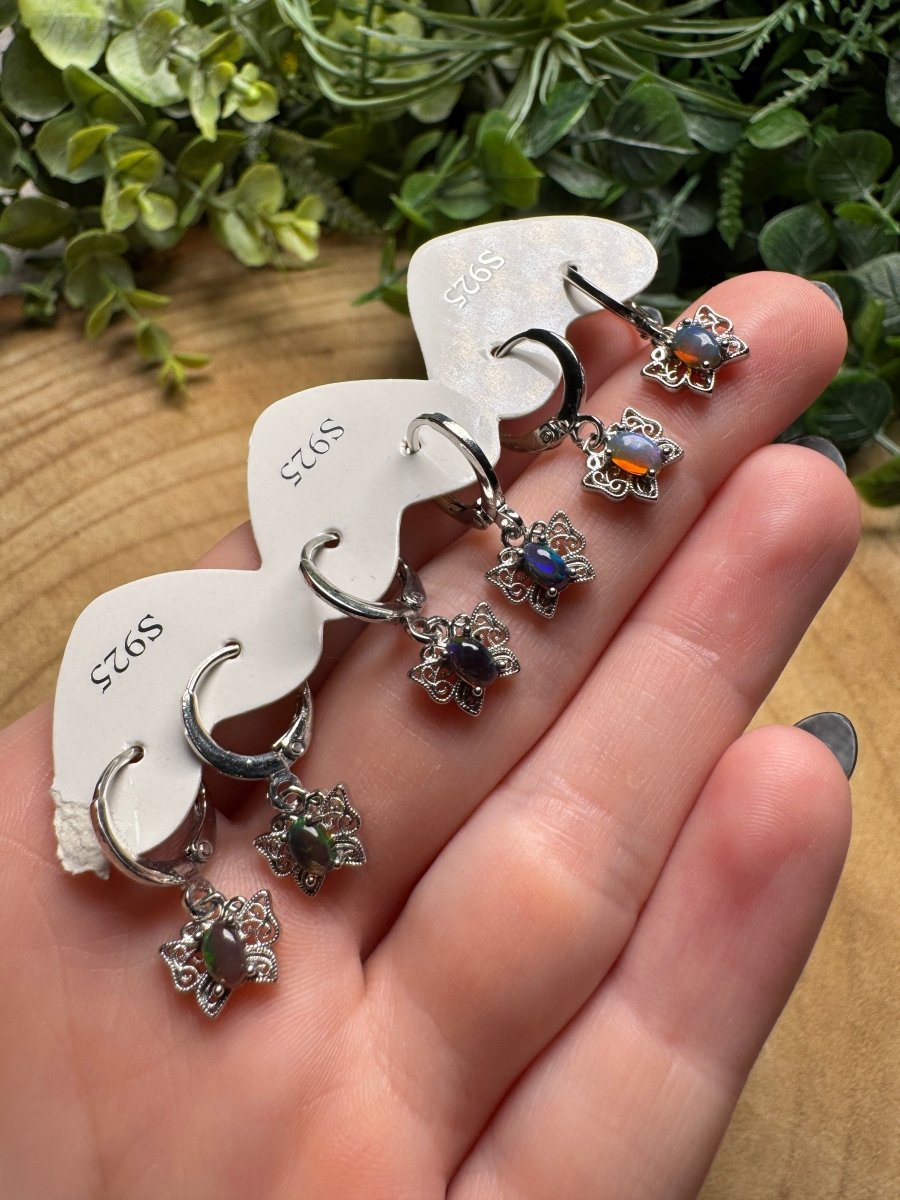 Black Opal Butterfly Huggie Earrings | Copper Ashes