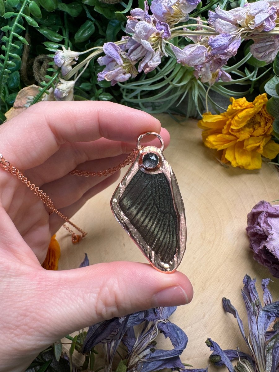 Black Rutile Quartz and Butterfly Wing Necklace | Copper Ashes