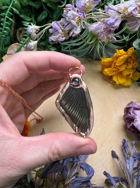 Black Rutile Quartz and Butterfly Wing Necklace | Copper Ashes