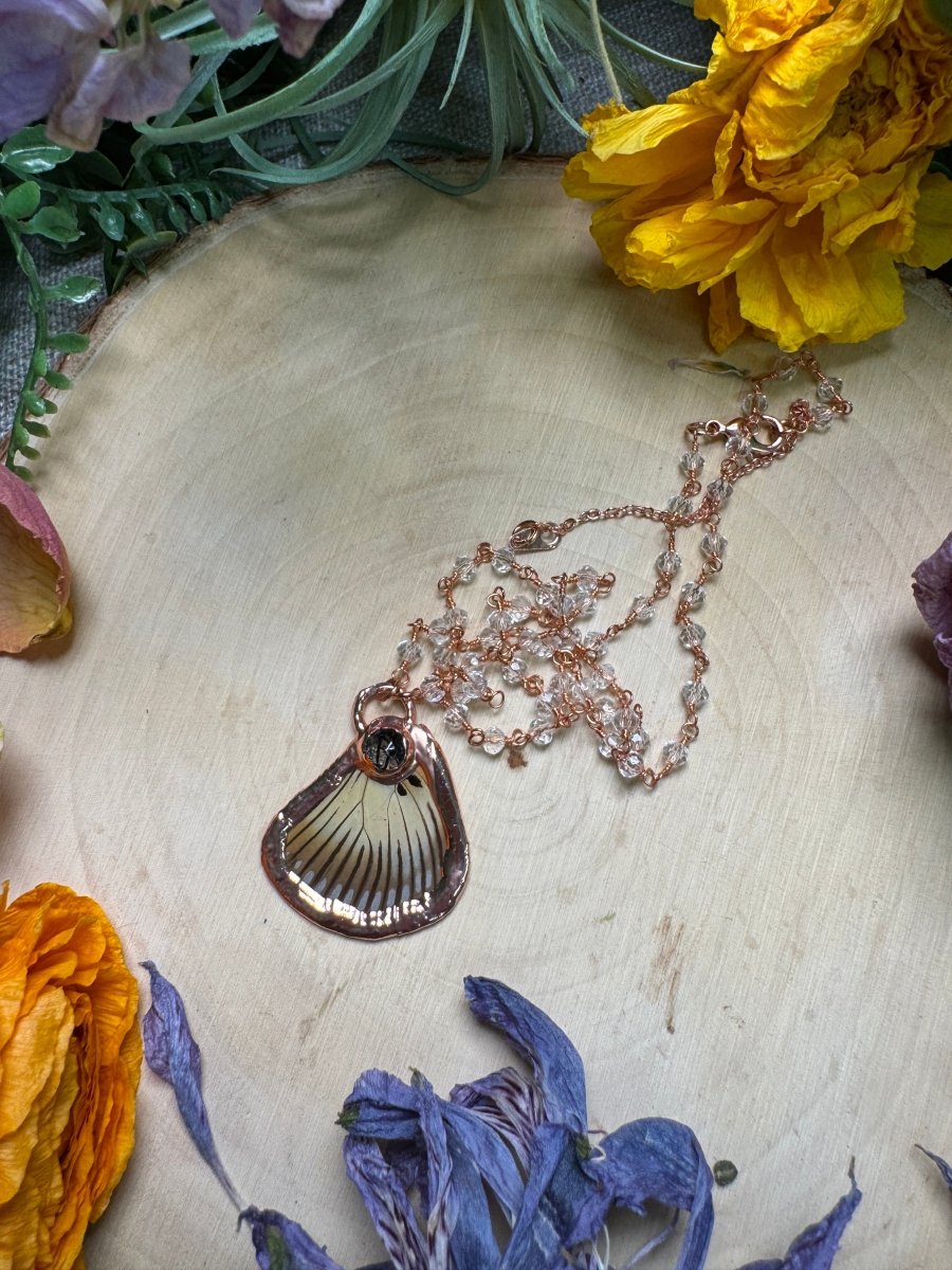 Black Rutile Quartz and Butterfly Wing Necklace | Copper Ashes