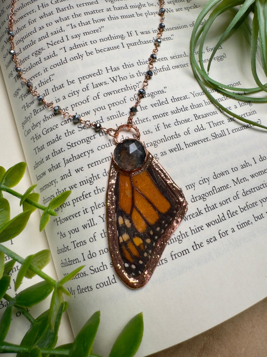 Black Rutile Quartz and Butterfly Wing Necklace with Beaded Chain | Copper Ashes