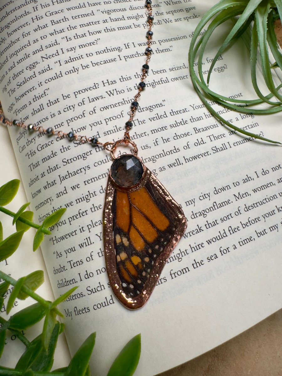 Black Rutile Quartz and Butterfly Wing Necklace with Beaded Chain | Copper Ashes