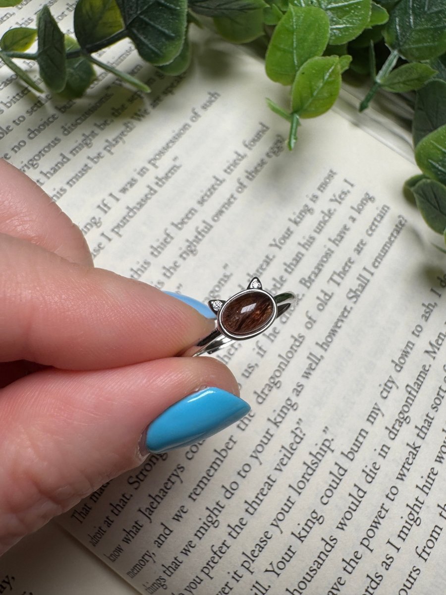 Black Sunstone Cat Adjustable Ring | Copper Ashes