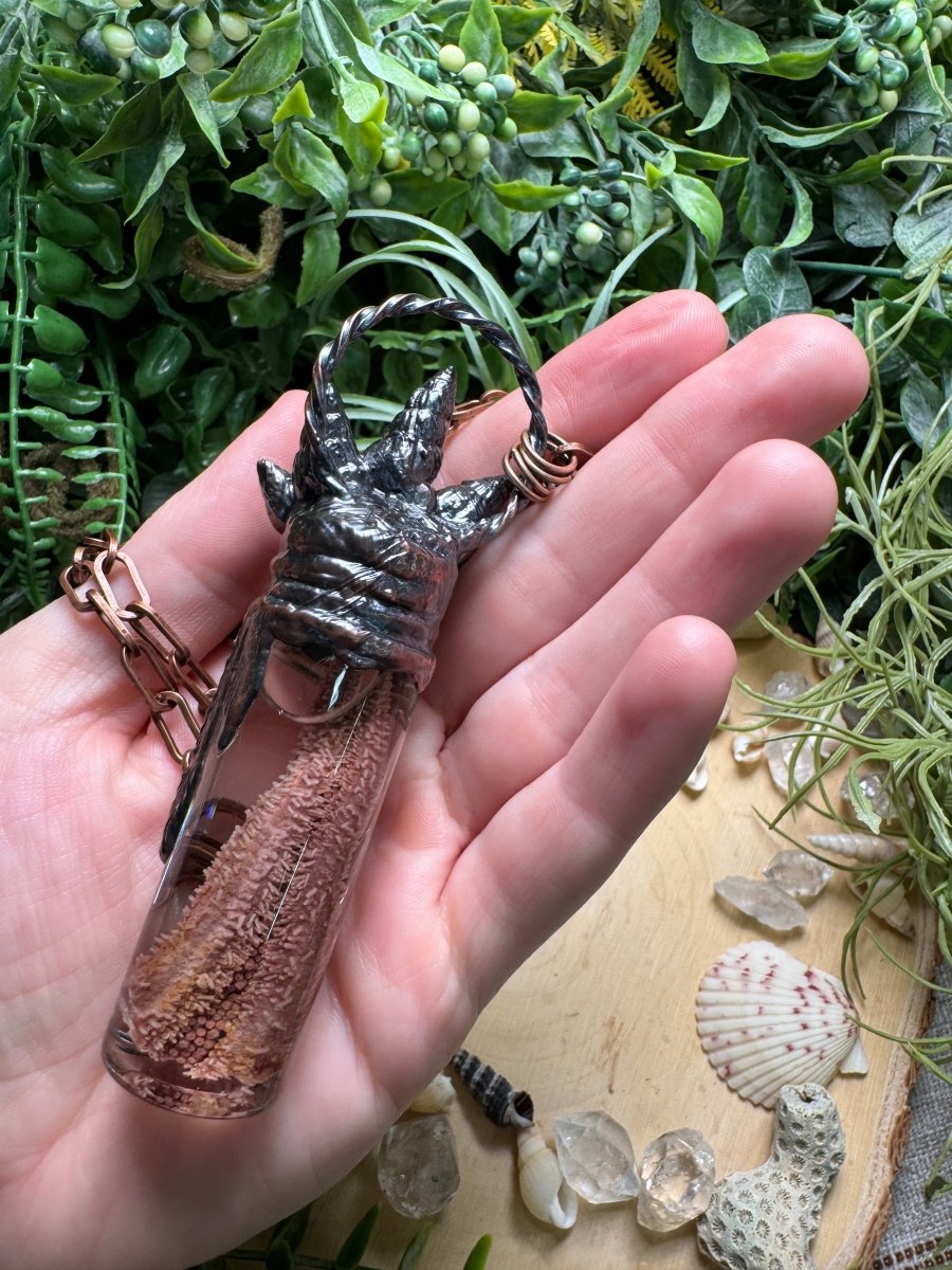 Blue Apatite, Shell, and Starfish Arm Oddity Vial Necklace | Copper Ashes