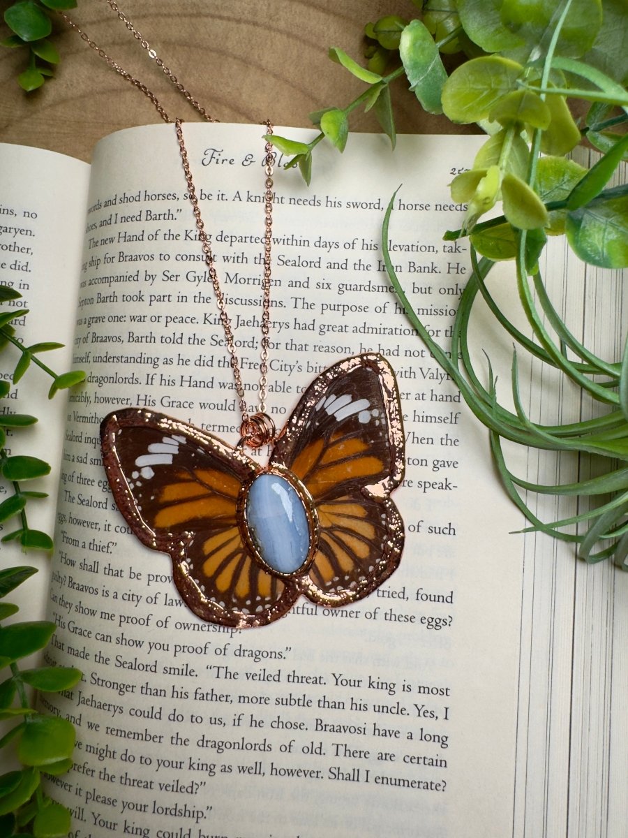 Blue Lace Agate and Butterfly Wing Statement Necklace | Copper Ashes