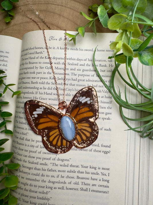 Blue Lace Agate and Butterfly Wing Statement Necklace | Copper Ashes
