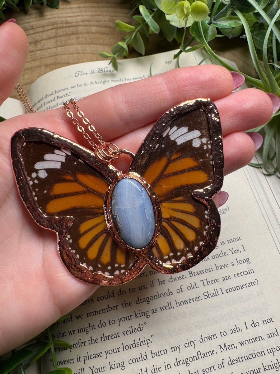 Blue Lace Agate and Butterfly Wing Statement Necklace | Copper Ashes