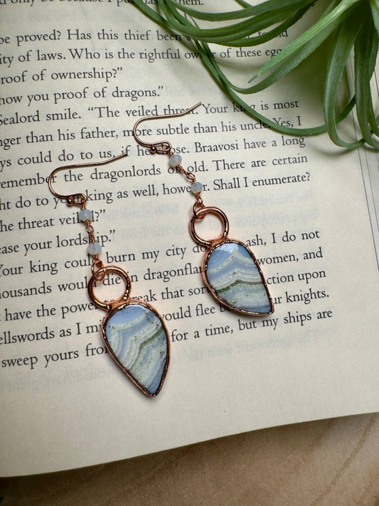Blue Lace Agate and Opalite Dangle Earrings | Copper Ashes