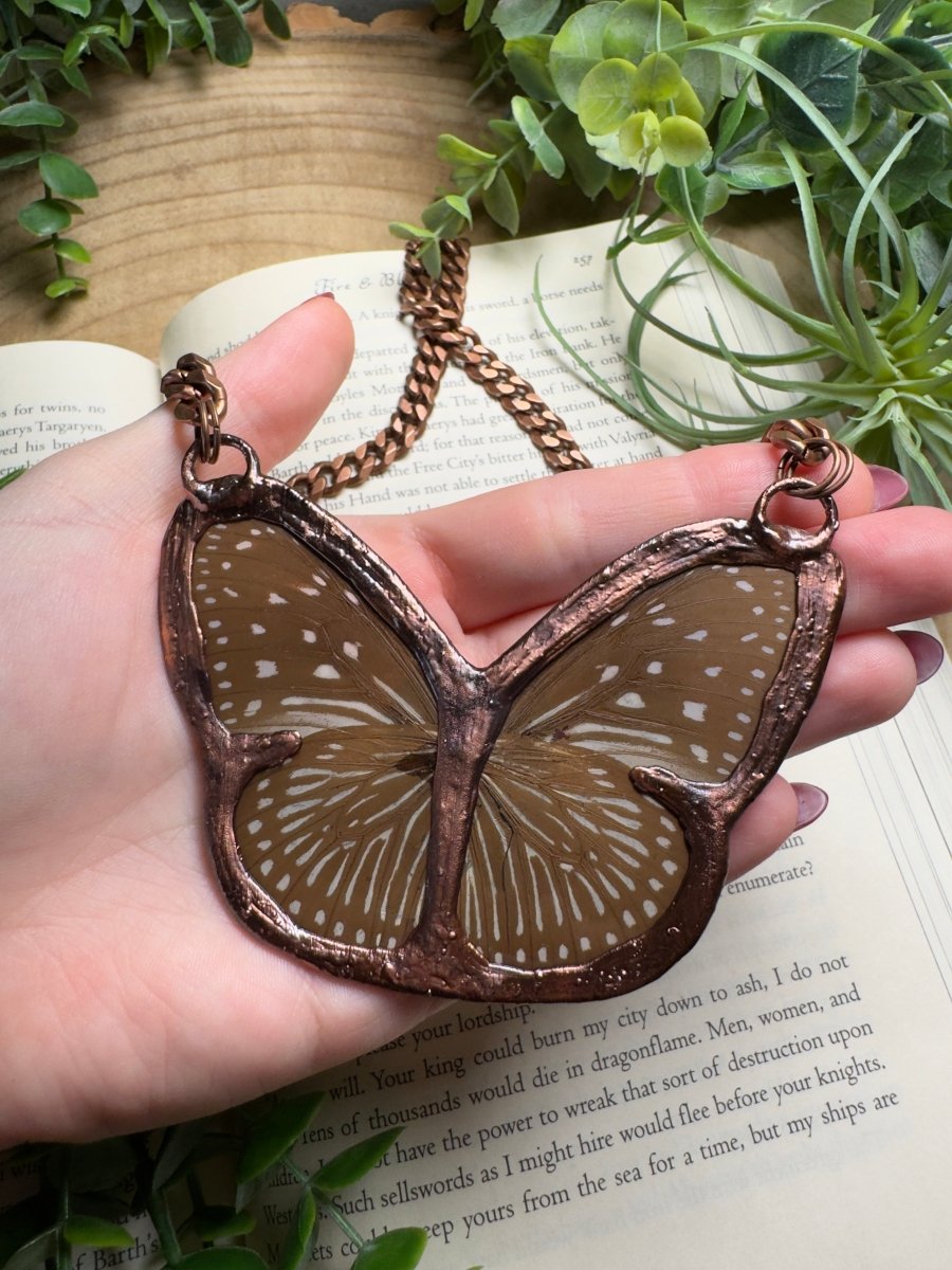 Blue Tigers Eye and Butterfly Wing Statement Necklace | Copper Ashes