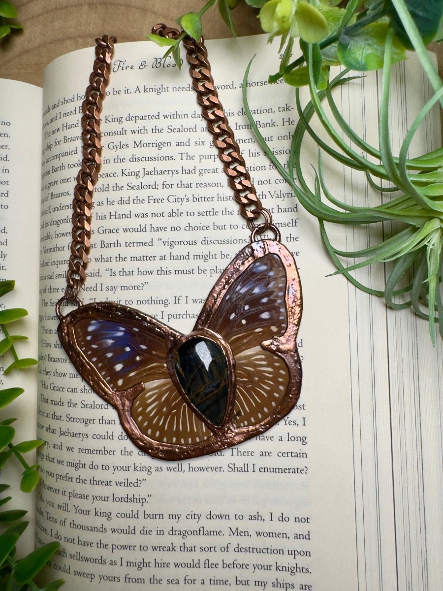 Blue Tigers Eye and Butterfly Wing Statement Necklace | Copper Ashes