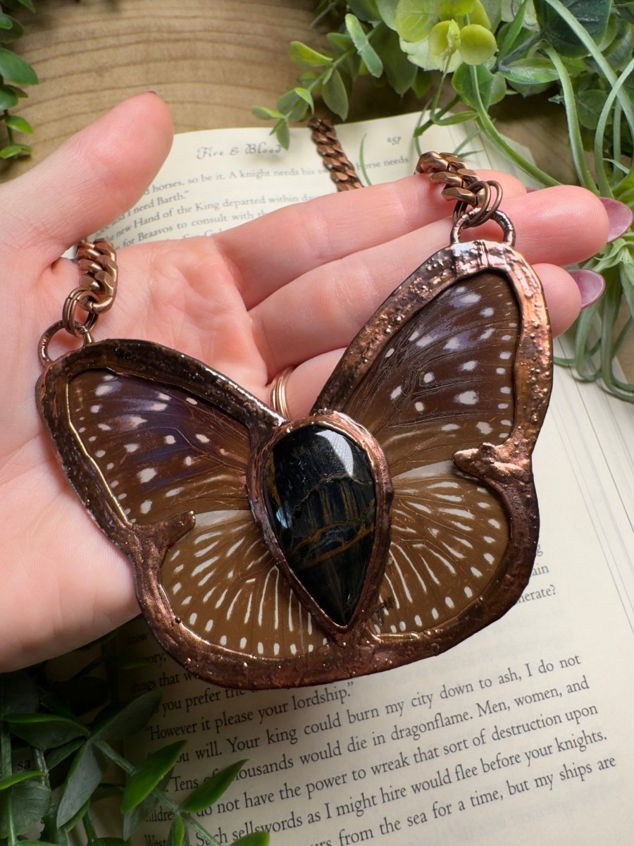 Blue Tigers Eye and Butterfly Wing Statement Necklace | Copper Ashes