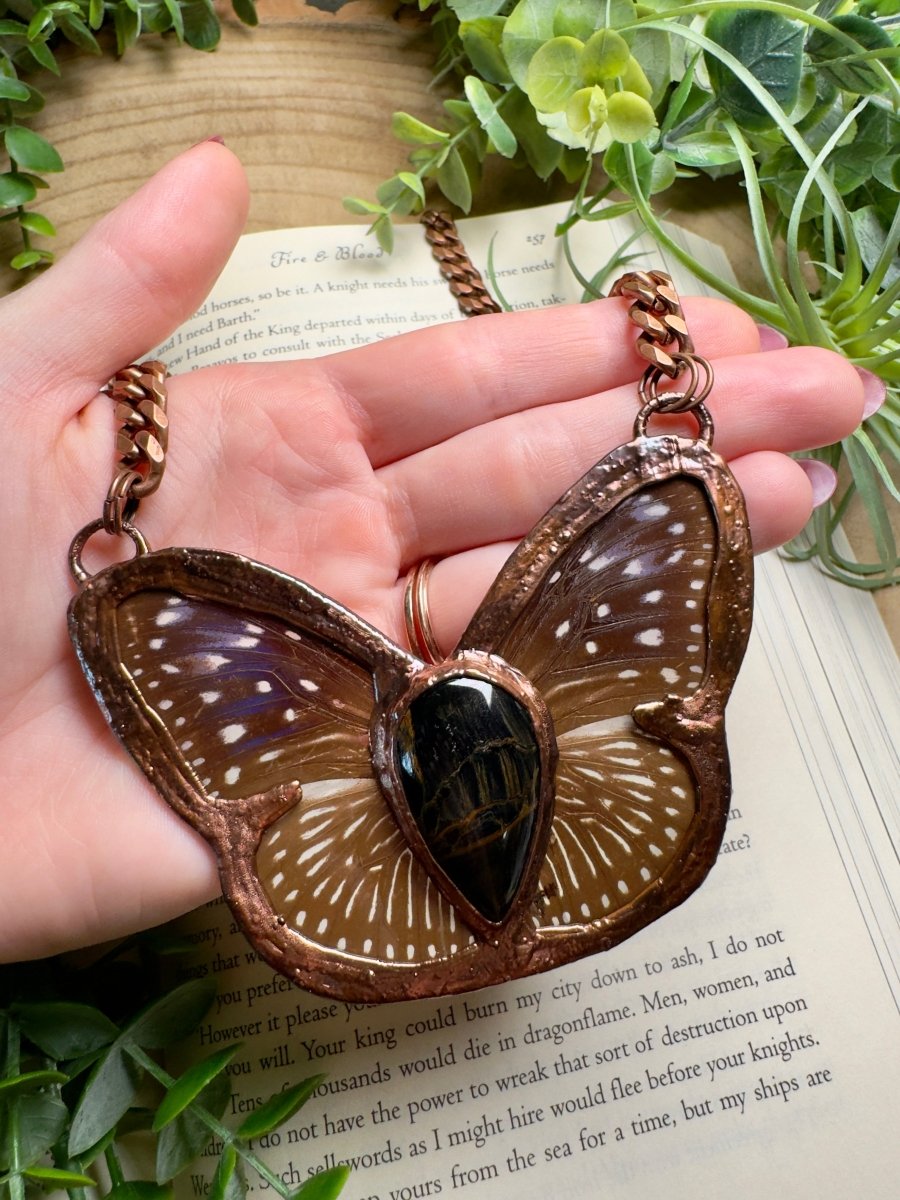 Blue Tigers Eye and Butterfly Wing Statement Necklace | Copper Ashes