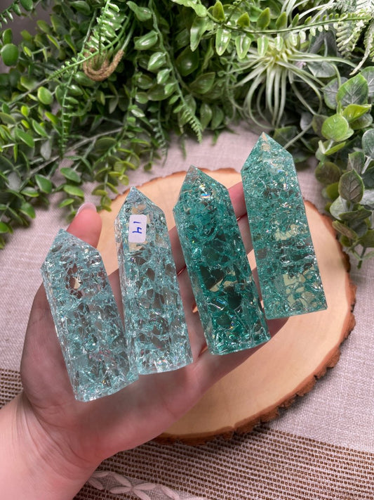 Blue/Green Crackle Quartz (Glass) Tower | Copper Ashes