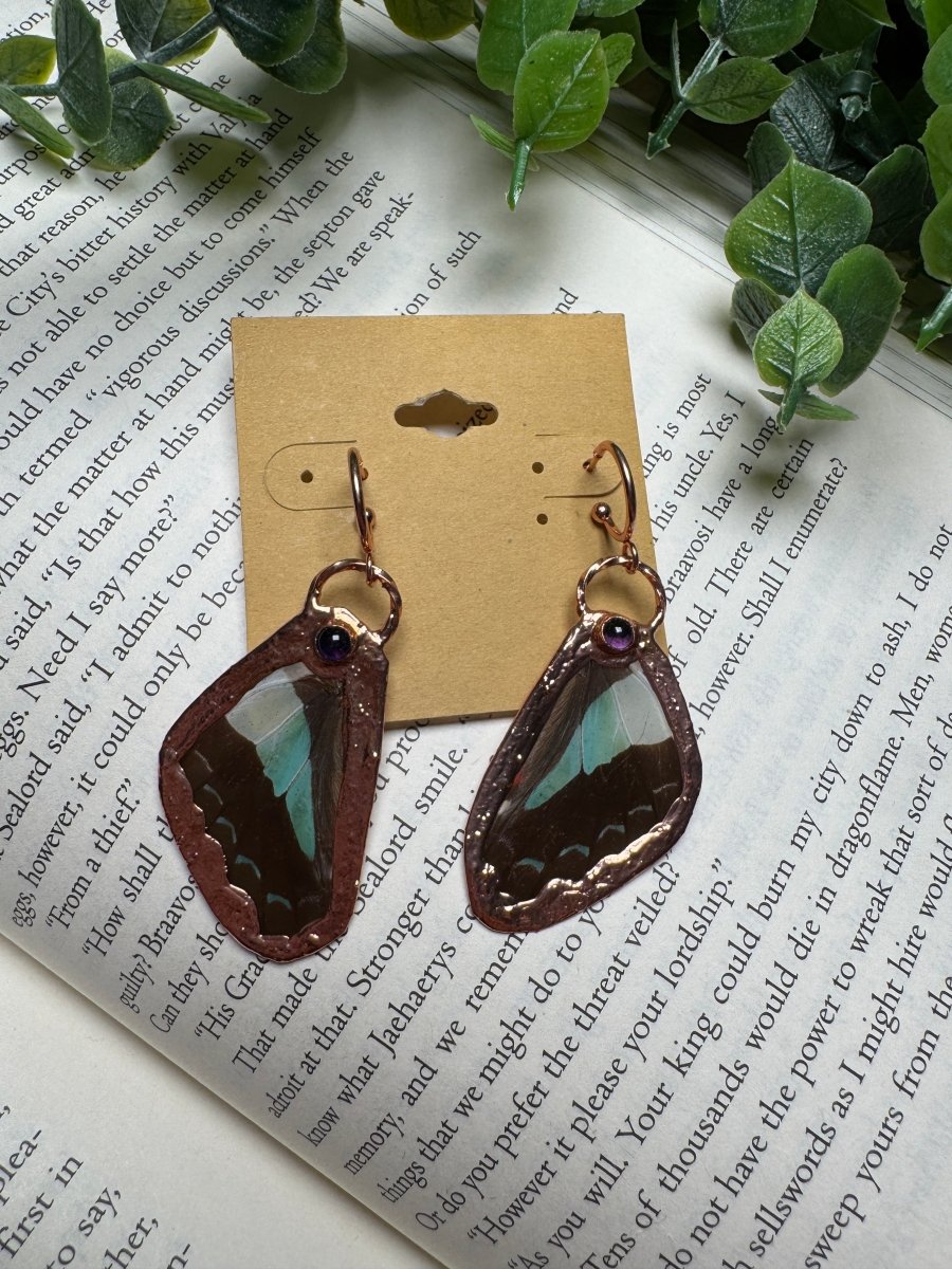 Butterfly Wing and Amethyst Earrings | Copper Ashes