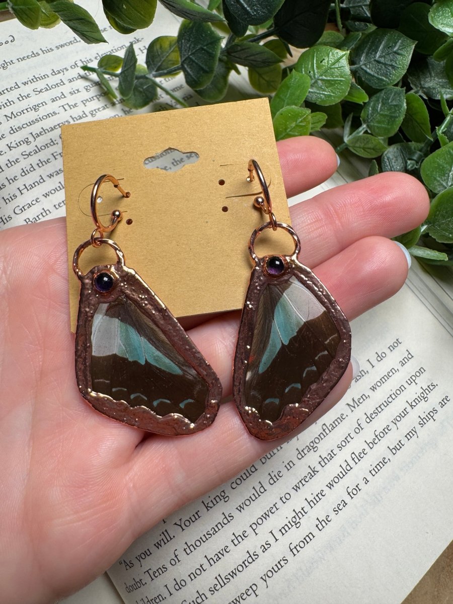 Butterfly Wing and Amethyst Earrings | Copper Ashes